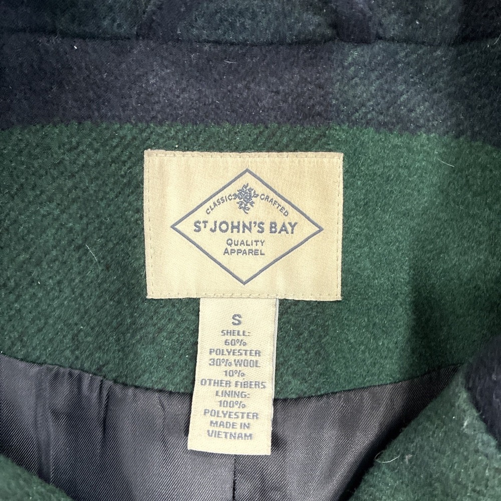 St. John's Bay Plaid Peacoat Wool Blend Jacket Size S Green Navy Double Breasted - Picture 5 of 8